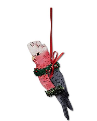 Delicate handmade Rose Breasted Cockatoo ornament with vibrant pink and gray feathers, perfect for bird lovers' decor.