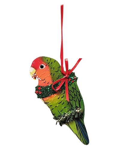 Charming Rosey Faced Lovebird ornament with vibrant peach-pink facial feathers and a glossy finish, perfect for decor.