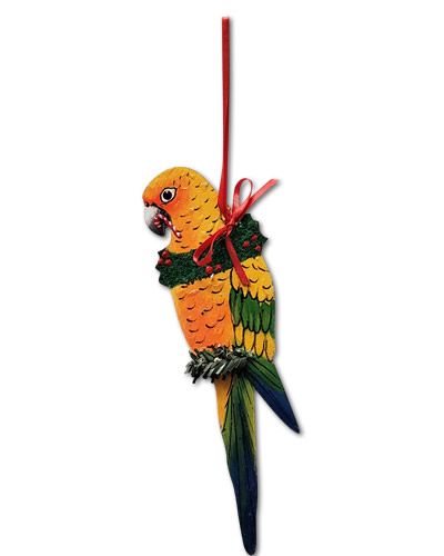 Vibrant Sun Conure ornament with bright yellow, orange, and green feathers, perfect for bird lovers' decor.