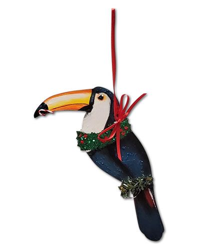 Vibrant toucan ornament with a colorful beak and detailed feathers, perfect for adding tropical flair to your decor.