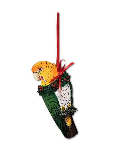 Delicate handmade White-Bellied Caique Christmas ornament with vibrant feathers and festive charm for holiday decor.