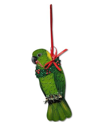 Vibrant Yellow-Naped Amazon bird ornament hanging gracefully, showcasing detailed feathers and bright colors.