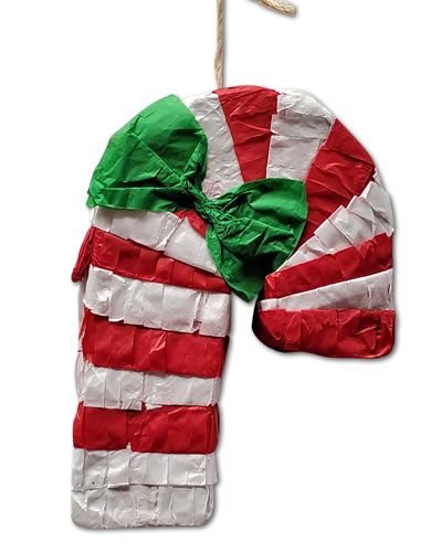 Vibrant Christmas Candy Cane bird toy with colorful shredable paper, designed for foraging fun, measuring 9x6 inches.