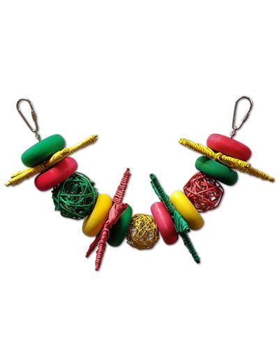 Vibrant holiday garland bird toy with colorful vine stars, balls, and wooden wheels linked on a sturdy chain for playful pets.