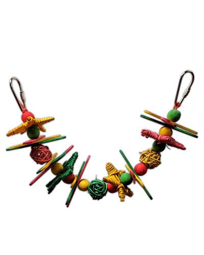 Vibrant small holiday garland bird toy with colorful vine stars, balls, wood beads, and popsicle sticks on a plastic string.