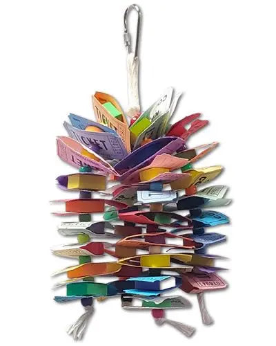 Colorful "Admit One" bird toy with folded paper tickets and foam shapes, perfect for small to medium birds to enjoy.