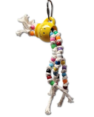Colorful bird toy with plastic beads and cotton rope spilling from a playful plastic teacup, perfect for small birds.