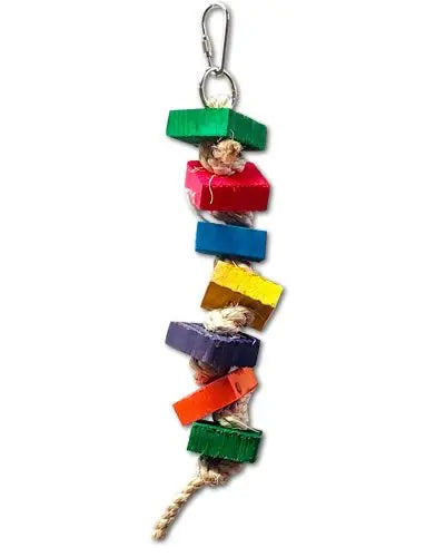Vibrant bird toy featuring colorful 1.5-inch wooden squares tied with sisal rope, perfect for medium-sized birds to enjoy.