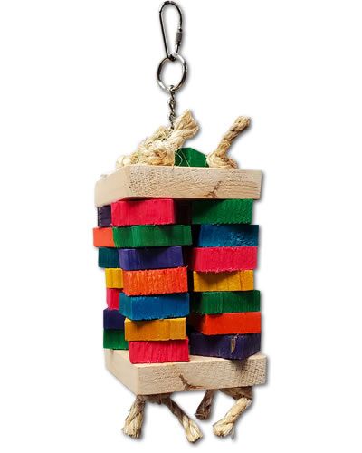 Colorful Stacker Bird Toy with wooden blocks and sisal rope, hanging by a chain, perfect for medium-sized birds to chew and play.