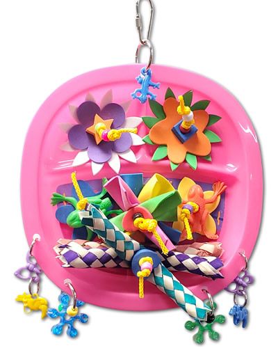 Colorful bird toy plate featuring foam flowers, beads, plastic charms, and bamboo traps, perfect for small to medium birds.