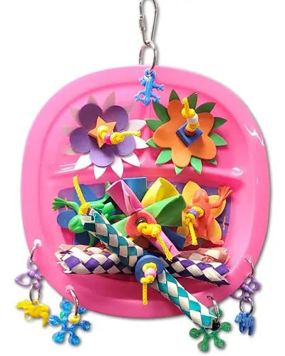 Colorful bird toy plate featuring foam flowers, beads, plastic charms, and bamboo traps, perfect for small to medium birds.