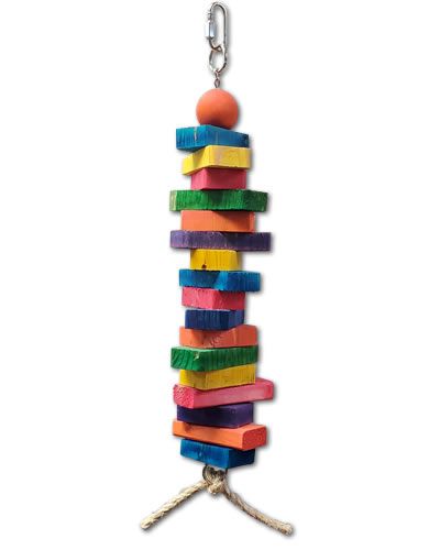 Vibrant chunky wood bird toy with colorful slats, a sturdy chain, and knotted sisal rope, perfect for African Greys.
