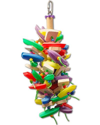 Colorful bird toy with natural wood slats, plastic boats, vibrant beads, and poly rope, perfect for medium-sized birds.