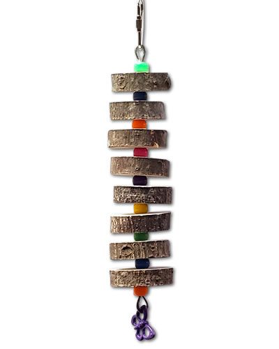 Vibrant bird toy featuring natural sliced wood, colorful plastic beads, and sturdy wire, perfect for cockatiels and parrotlets.