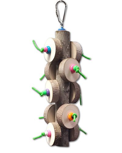 Vibrant Log Coin Chew bird toy with a thick wooden base, natural wood slices, colorful plastic beads, and sturdy poly rope.