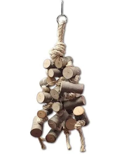 Colorful bird toy with natural wood clusters of maple, ash, or poplar, knotted with sisal rope, perfect for chewing fun.