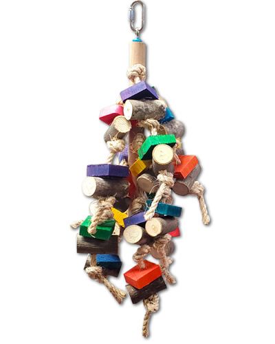 Vibrant Color Chew Cluster bird toy with natural and colored wood blocks tied with sisal, perfect for medium-sized birds.