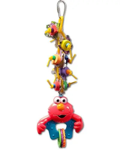 Colorful Rattle Chew bird toy with plastic chains, puzzle pieces, foam beads, and a rattling bottom for playful birds.