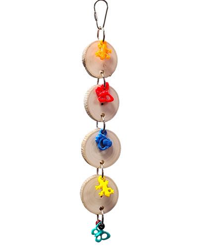Colorful bird toy featuring natural wood coins and playful plastic animal figures, crafted for conures and similar birds.