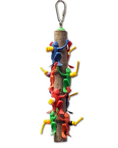 Colorful bird toy featuring plastic beads, frogs, and polly rope tied to a natural log, perfect for cockatiels to play with.