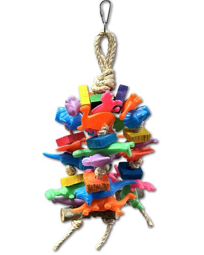 Vibrant bird toy featuring natural wood logs, colorful plastic dinosaurs, wood slats, and textured sisal rope for chewing fun.