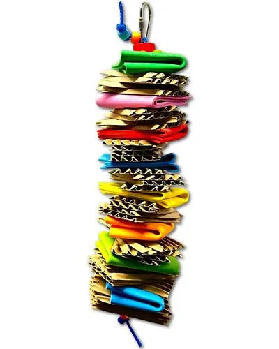 Colorful bird toy with corrugated cardboard slices and soft foam sheets strung on a durable polly rope for playful pecking.