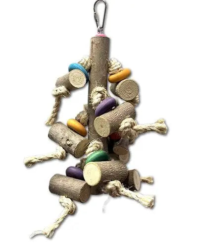Vibrant bird toy featuring natural and colored wooden logs and wheels, knotted with sisal, perfect for medium-sized birds.