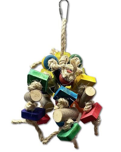 Vibrant bird toy with natural and colored wood blocks, knotted on safe sisal rope, perfect for medium-sized birds to chew and play.