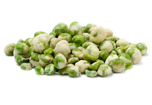 Crunchy wasabi peas in vibrant green, offering a spicy kick, perfect as a tasty snack for birds or humans in a 22lb bulk pack.