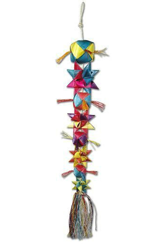 Vibrant Lg Ball and Stars-Planet Pleasures toy, crafted from palm leaf, featuring a 19-inch colorful design for medium birds.