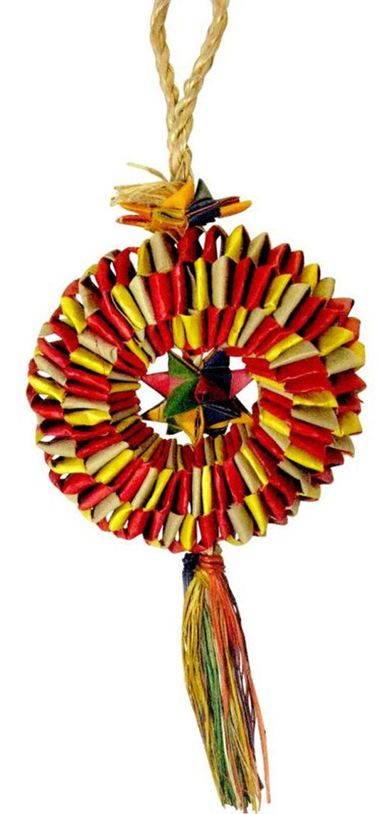 Close-up of a small bird-shaped tire toy with a vibrant star design, perfect for playful pet chewing and interaction.