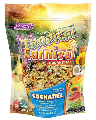 Vibrant mix of fruits, nuts, seeds, and grains in Brown's Tropical Carnival 3lb bag, a nutritious treat for cockatiels.