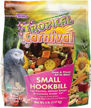Vibrant mix of fruits, nuts, vegetables, seeds, and grains in Brown's Tropical Carnival Small Hookbill 5lb gourmet food.