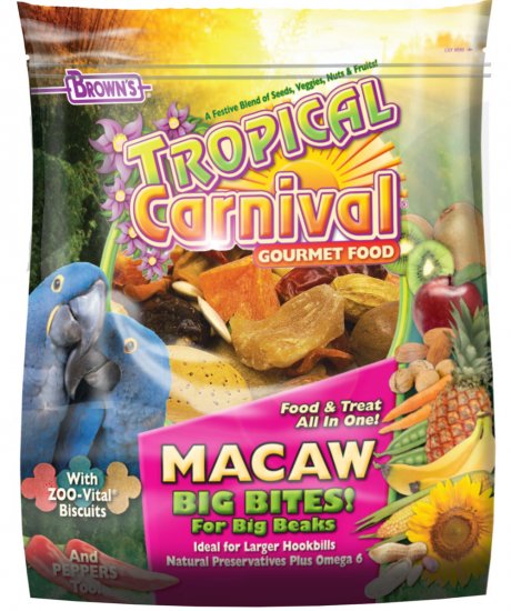 Vibrant mix of Brown's Tropical Carnival Macaw food with colorful fruits, nuts in shells, and tropical chunks for big birds.