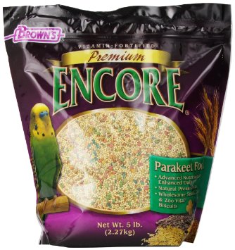 Vibrant mix of Brown's 5lb Encore Parakeet food with colorful, vitamin-packed shapes and premium seeds for pet nutrition.