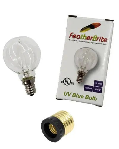 Vibrant Featherbrite LED UV Blue Bulb with adapter, emitting a gentle 400nm glow for pet birds' optimal health.