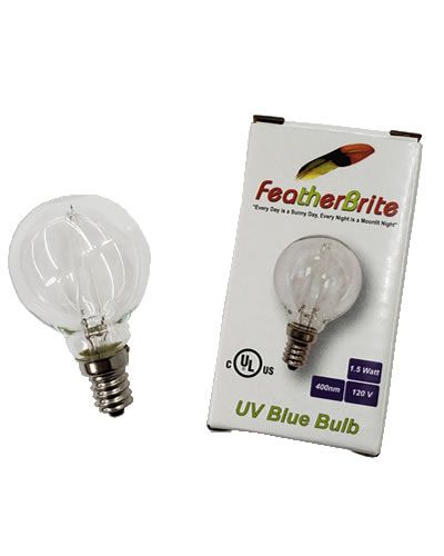 Bright Featherbrite LED UV Blue Bulb with adapter, emitting a soft 400nm glow, ideal for pet bird health and safety.