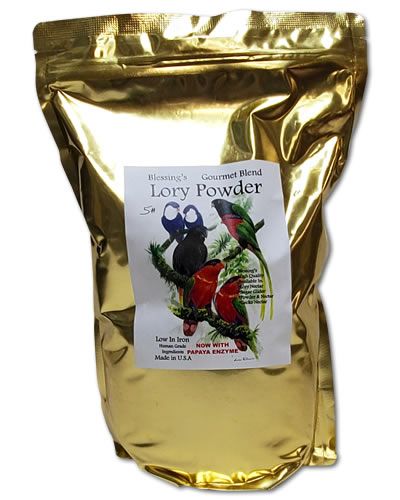 Vibrant 5lb bag of Blessing's Gourmet Blend Lory Powder, packed with low-iron, human-grade nutrition for healthy lories.