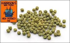 Vibrant 25lb bag of Harrison's High Potency Fine bird food, ideal for small birds like Parakeets and Cockatiels, packed with organic, nutty goodness.