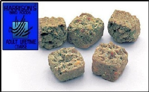 Vibrant 25lb bag of Harrison's Adult Lifetime Coarse bird food, perfect for African Greys and Macaws, with a nutty, organic blend.