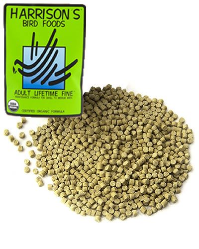 Crunchy, small nuggets of Harrison's Adult Lifetime Fine bird food, perfect for smaller birds like Budgies and Canaries.