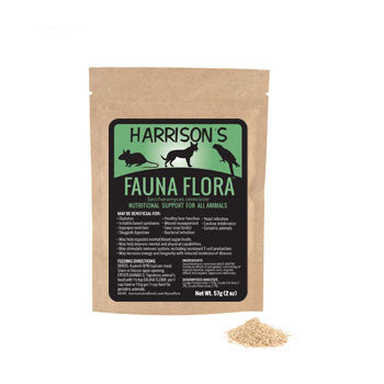 Close-up of a 2oz jar of Harrison's Fauna Flora, a nutritional supplement for animals, with a vibrant label and fine powder visible.