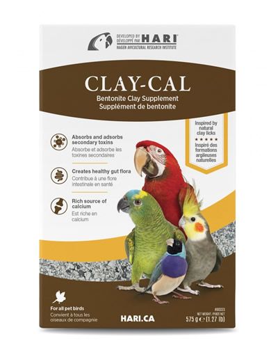 Vibrant container of 575g HARI Clay-Cal, a calcium-rich supplement for pet birds, supporting healthy bones and digestion.