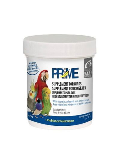 Vibrant 30g jar of Hari Prime Vitamins, packed with essential nutrients for birds, featuring a colorful, health-focused label.