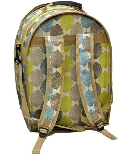 Stylish tan LG backpack bird carrier with mesh ventilation, a cozy perch, and a convenient front zipper for easy access.