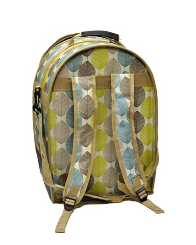 Tan lightweight backpack bird carrier with mesh screen for ventilation, a cozy perch, and a convenient front zipper.