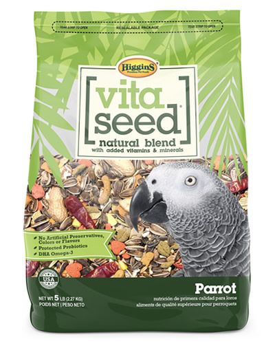 Vibrant mix of Higgins Vita Seed Natural Parrot food with colorful seeds, grains, dried fruits, and vegetables for birds.