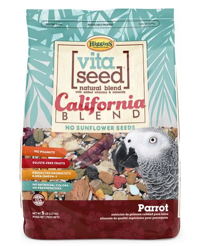 Vibrant mix of Higgins Vita Seed California Blend for parrots, featuring colorful seeds, grains, dried fruits, and vegetables.