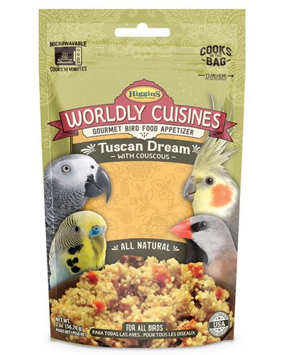 Savor the vibrant 2oz Tuscan Dream by Higgins, a gourmet cooked bird food packed with colorful, natural ingredients.
