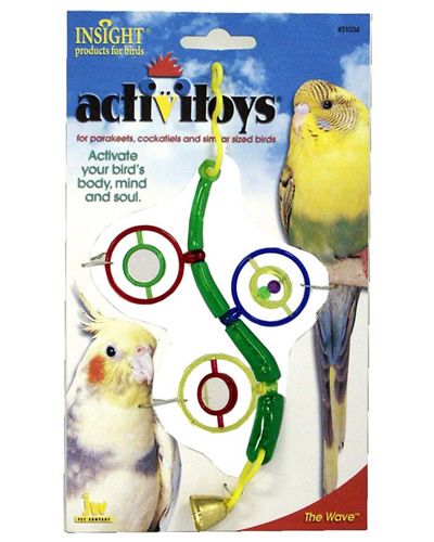 Colorful JW Pet The Wave bird toy with spinning mirrors, sliding beads, and a bell, designed to engage small birds.
